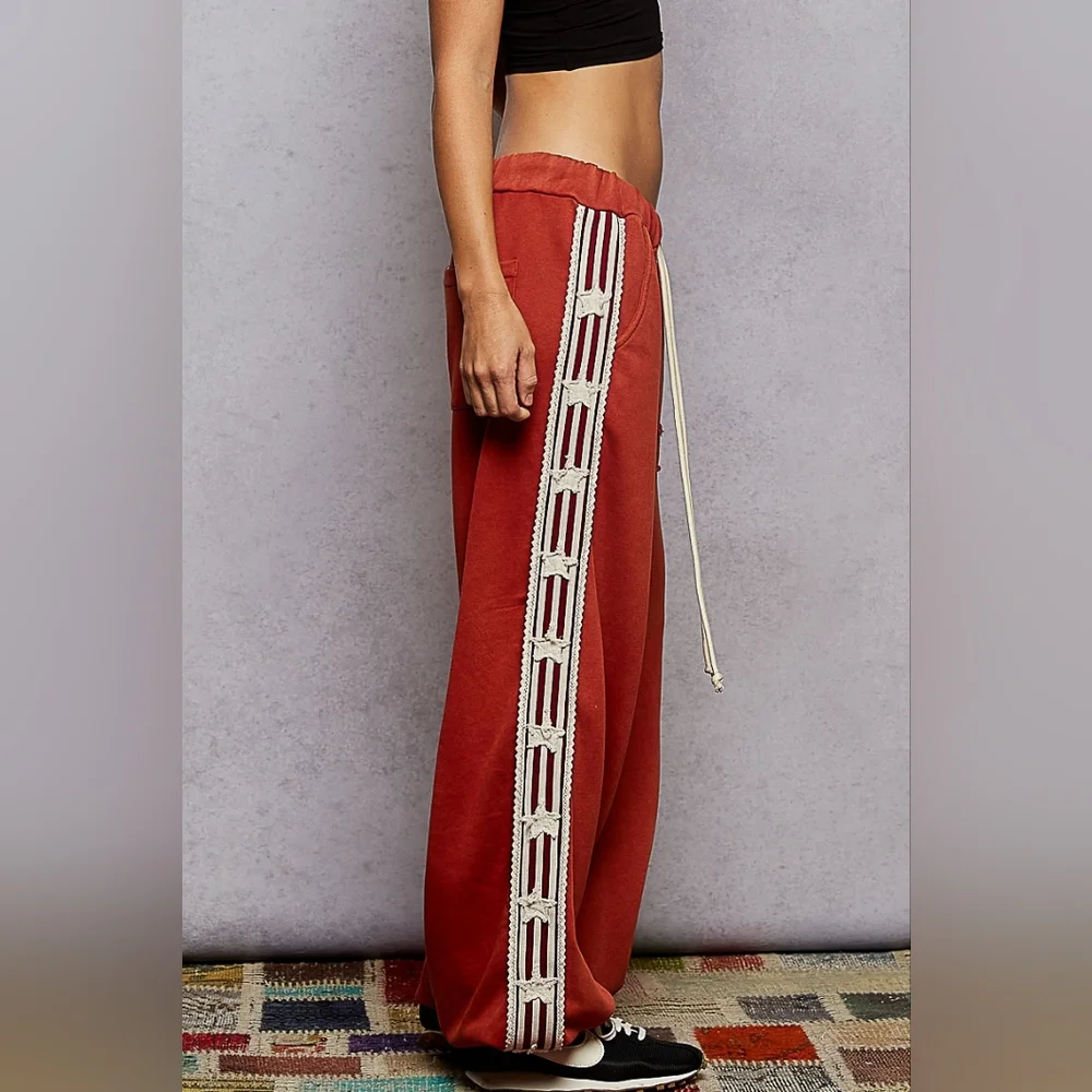 ​POL Star Patchwork Track Suit Set - Rust Red Orange Zip Jacket & Wide Leg - Picture 4 of 12